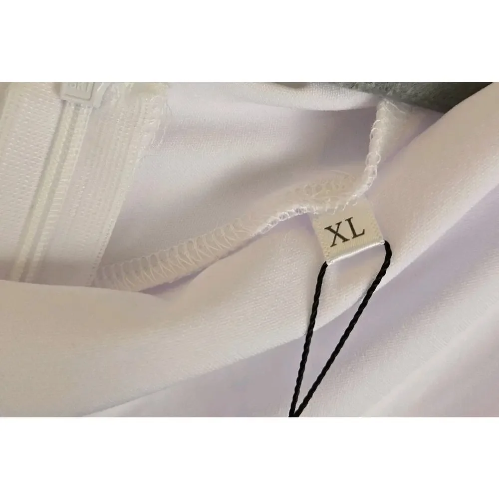 White Poly Spandex Jumpsuit Flare Leg HiLo Sleeves Belted 26" Inseam. RESORT NEW - Picture 4 of 8